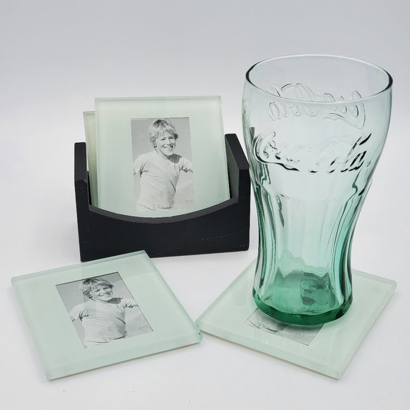 CHERISHED ACCENTS 4 Glass Photo Coasters with Holder - Picture 1 of 7